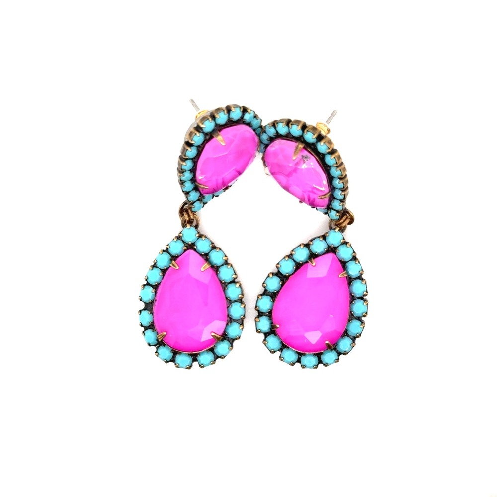 Loren Hope Fuchsia Pink Turquoise Teardrop Statement Drop Earrings Brass Tone